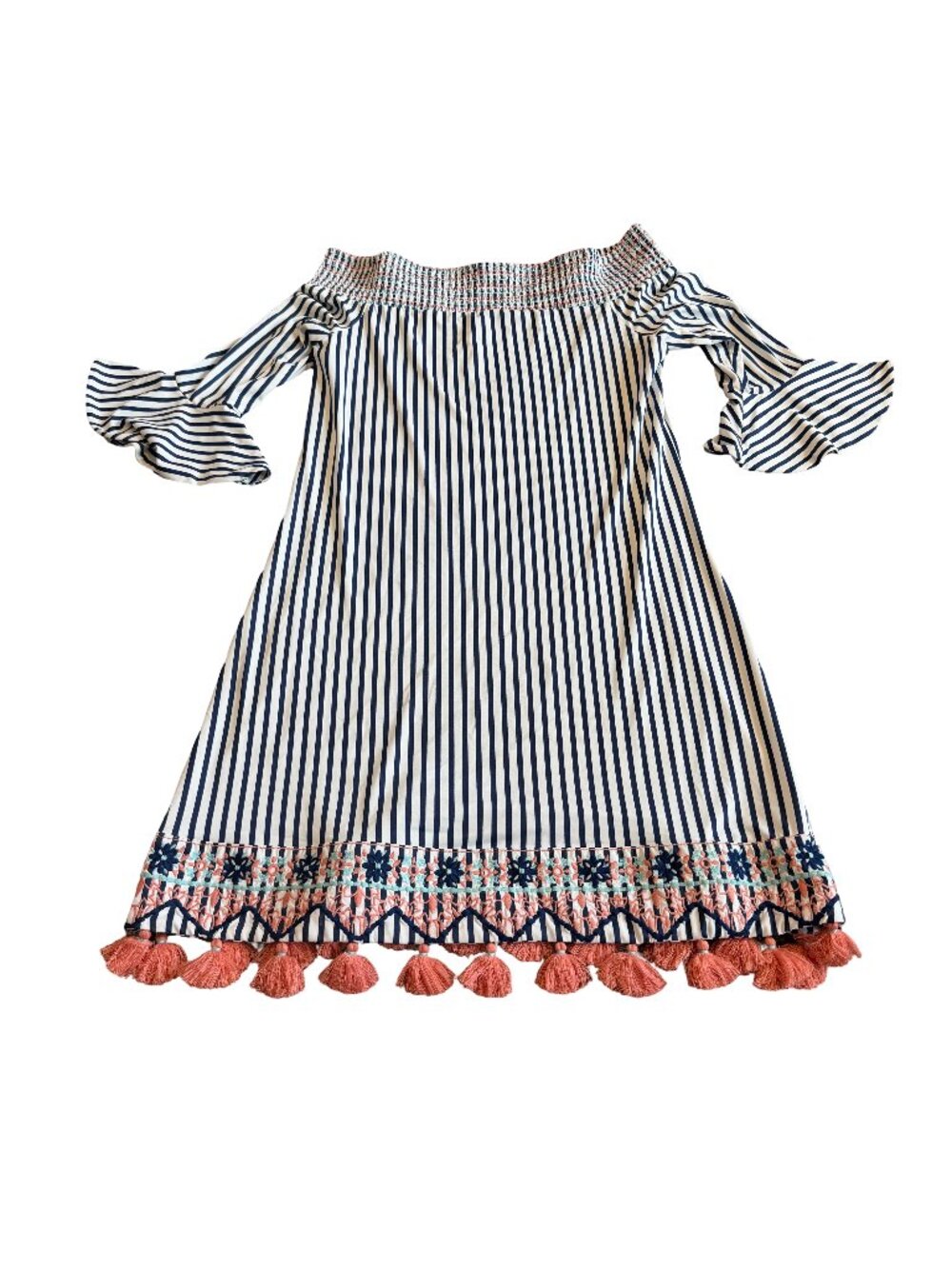 Cabana Life Navy White Striped Off Shoulder Tassel Mini Dress Cold Small Women's